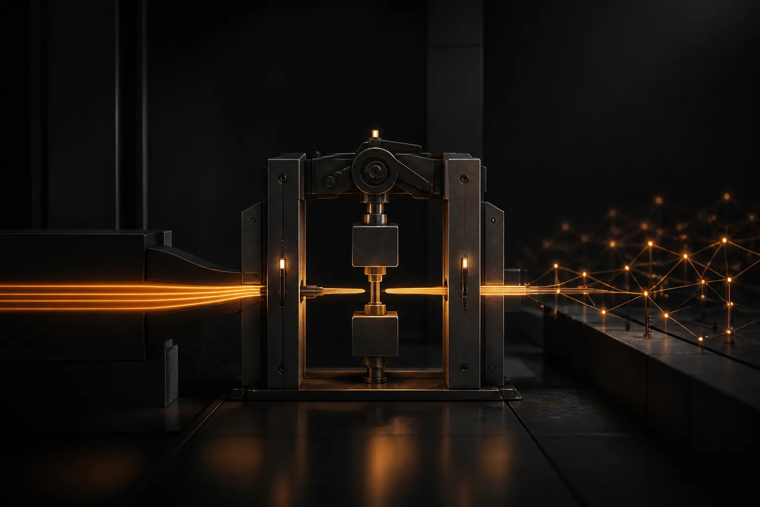 A glowing orange workflow passing through a precise mechanical interlock gate in a dark architectural system.