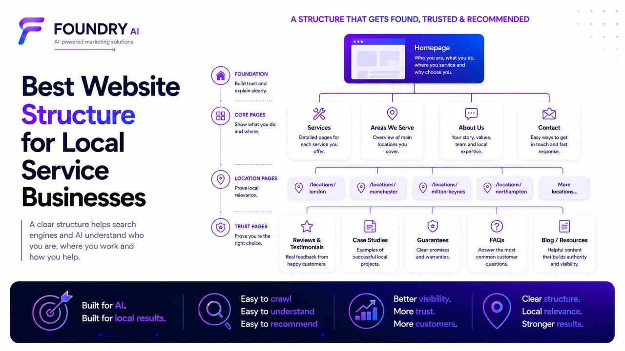 Recommended local service business website structure with homepage, service pages, truthful location pages, trust content, FAQs, resources and clear contact paths