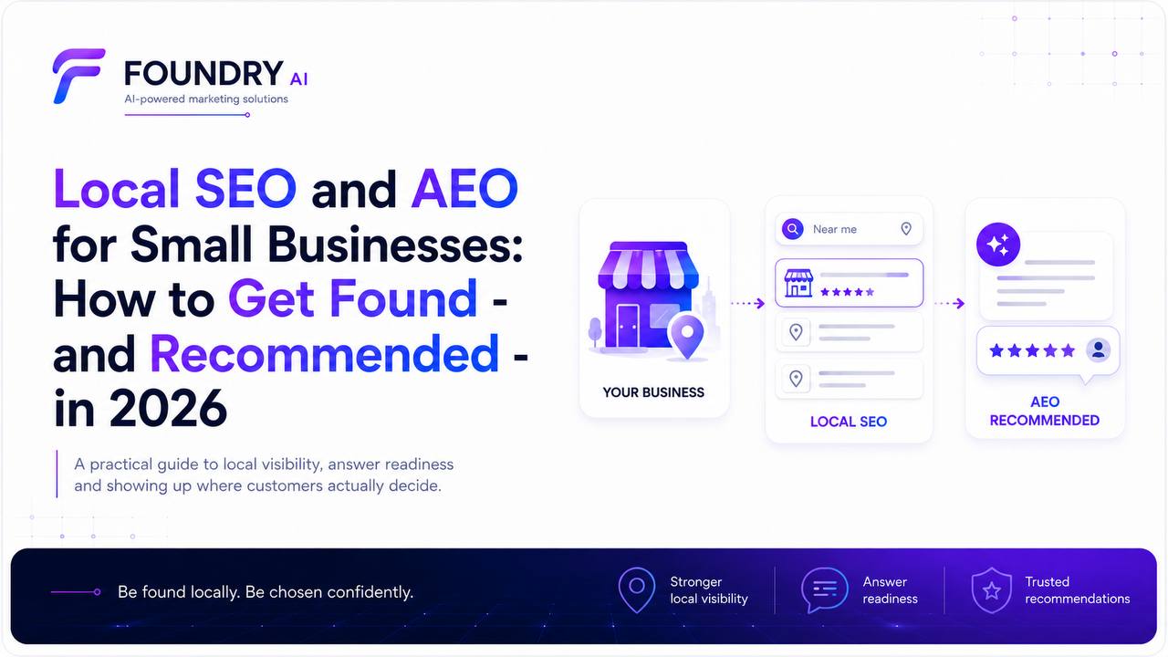 Local SEO helping a small business get found nearby, followed by AEO helping it become recommended in AI answers