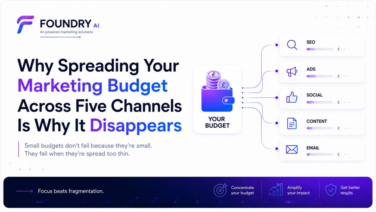 A small marketing budget split into five underfunded channels compared with one properly funded channel