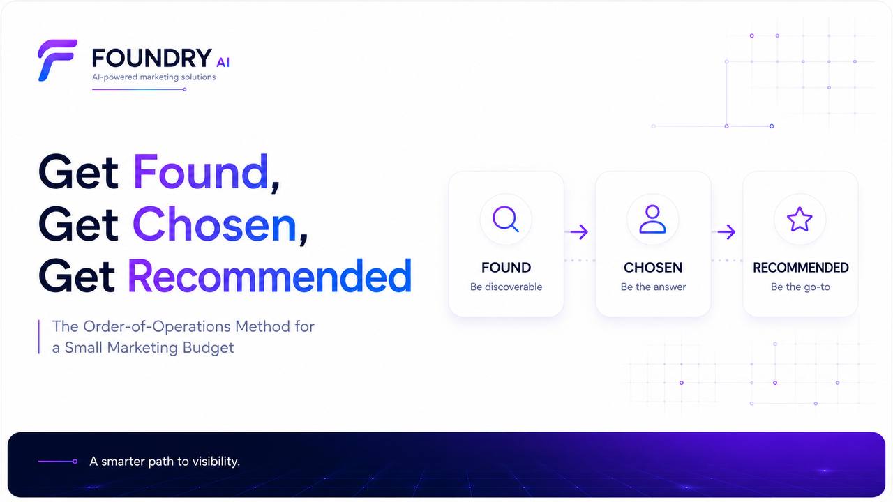 Get Found, Get Chosen and Get Recommended shown as a three-stage small-business marketing budget sequence