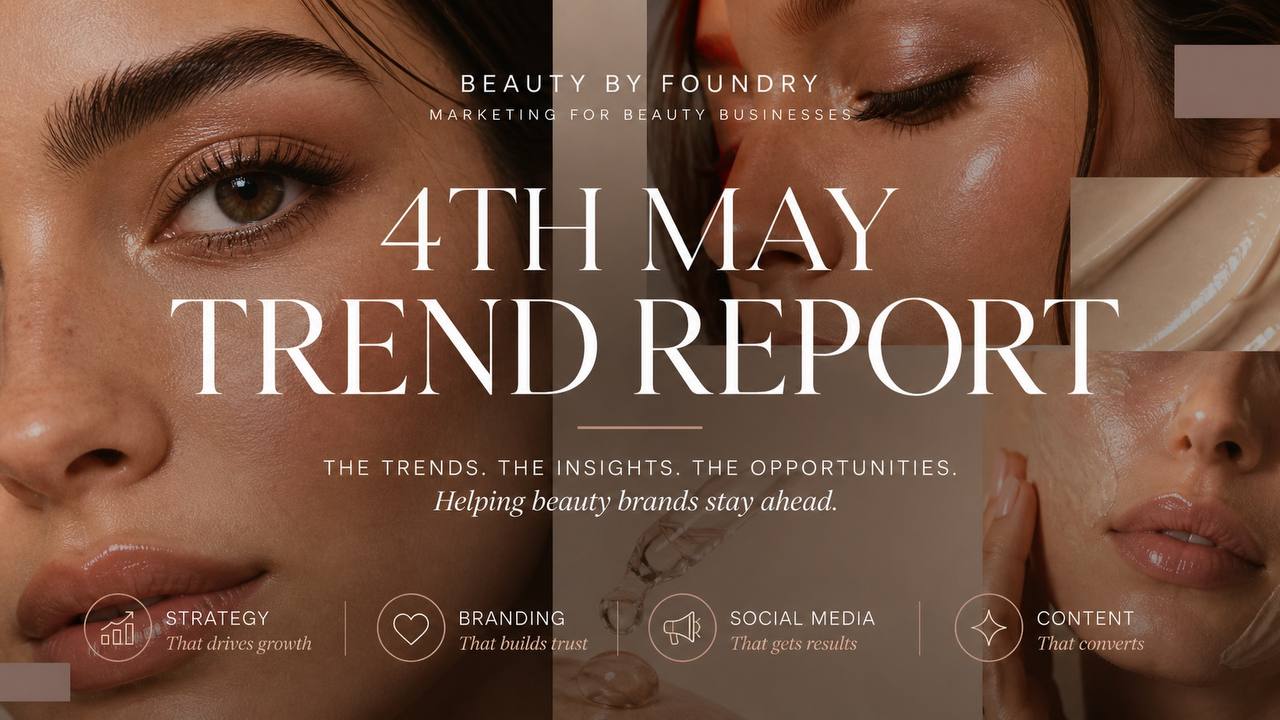 Beauty editorial feature image showing premium makeup and skincare products with a phone displaying short-form beauty video content