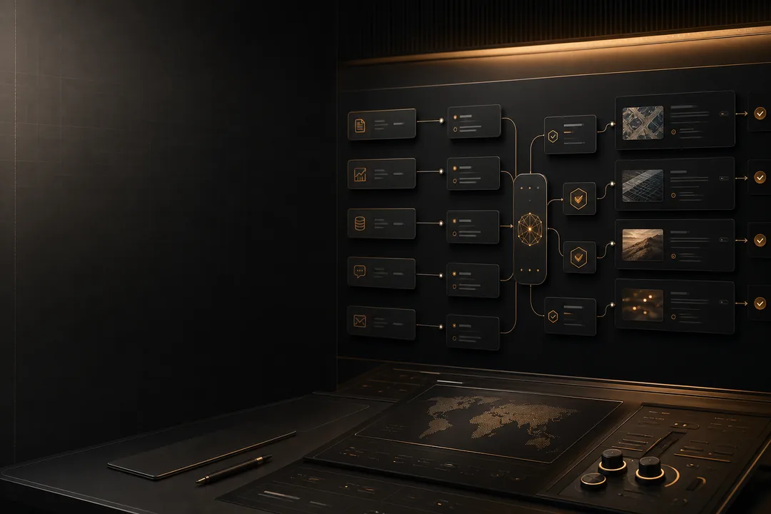 Abstract control-plane interface coordinating AI agent workflow lanes with evidence checkpoints and approval gates.