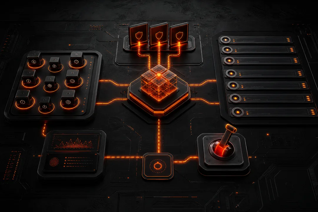 Abstract AI control plane dashboard with orange signal paths