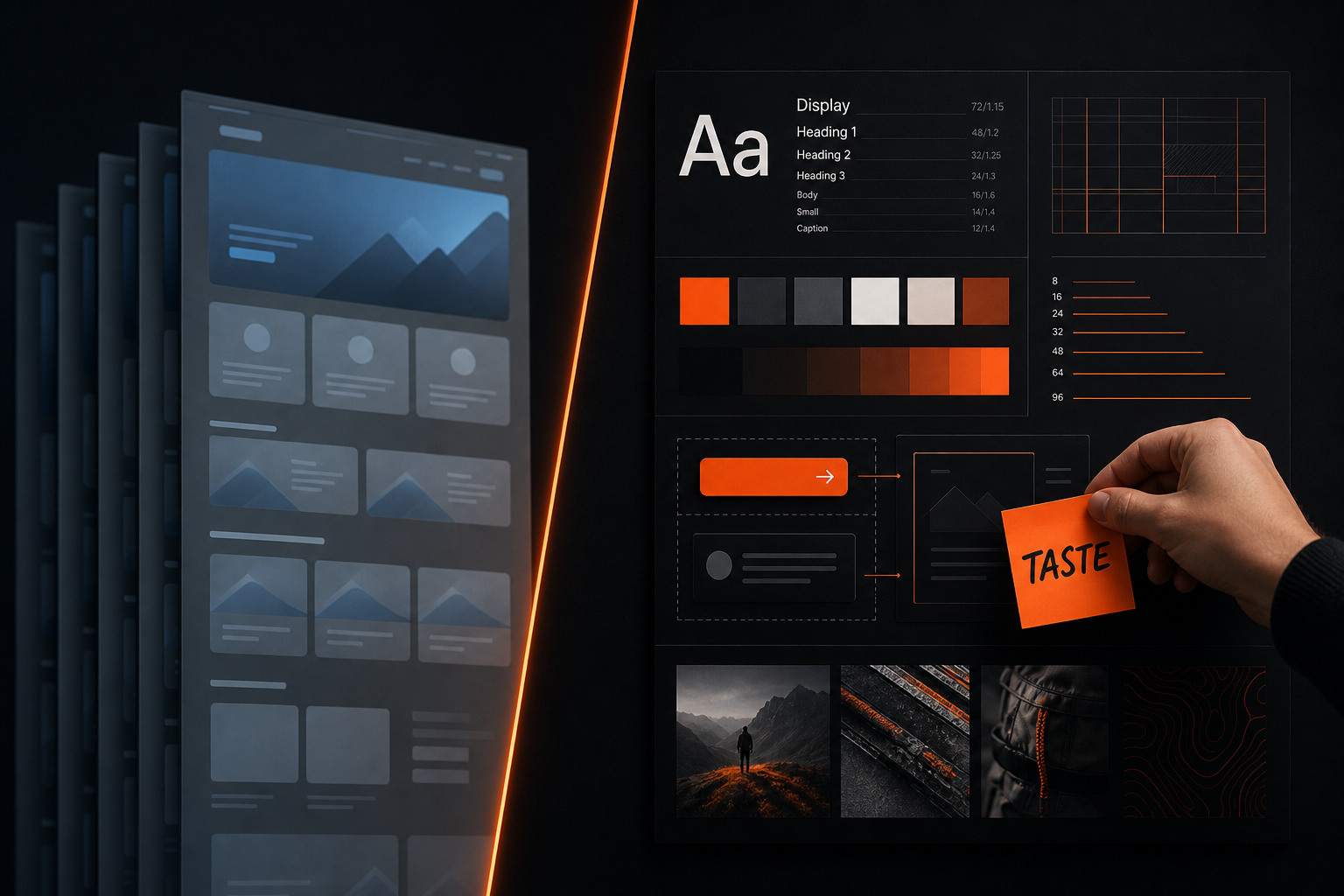 A tactical brand system board beside generic AI-generated interface templates