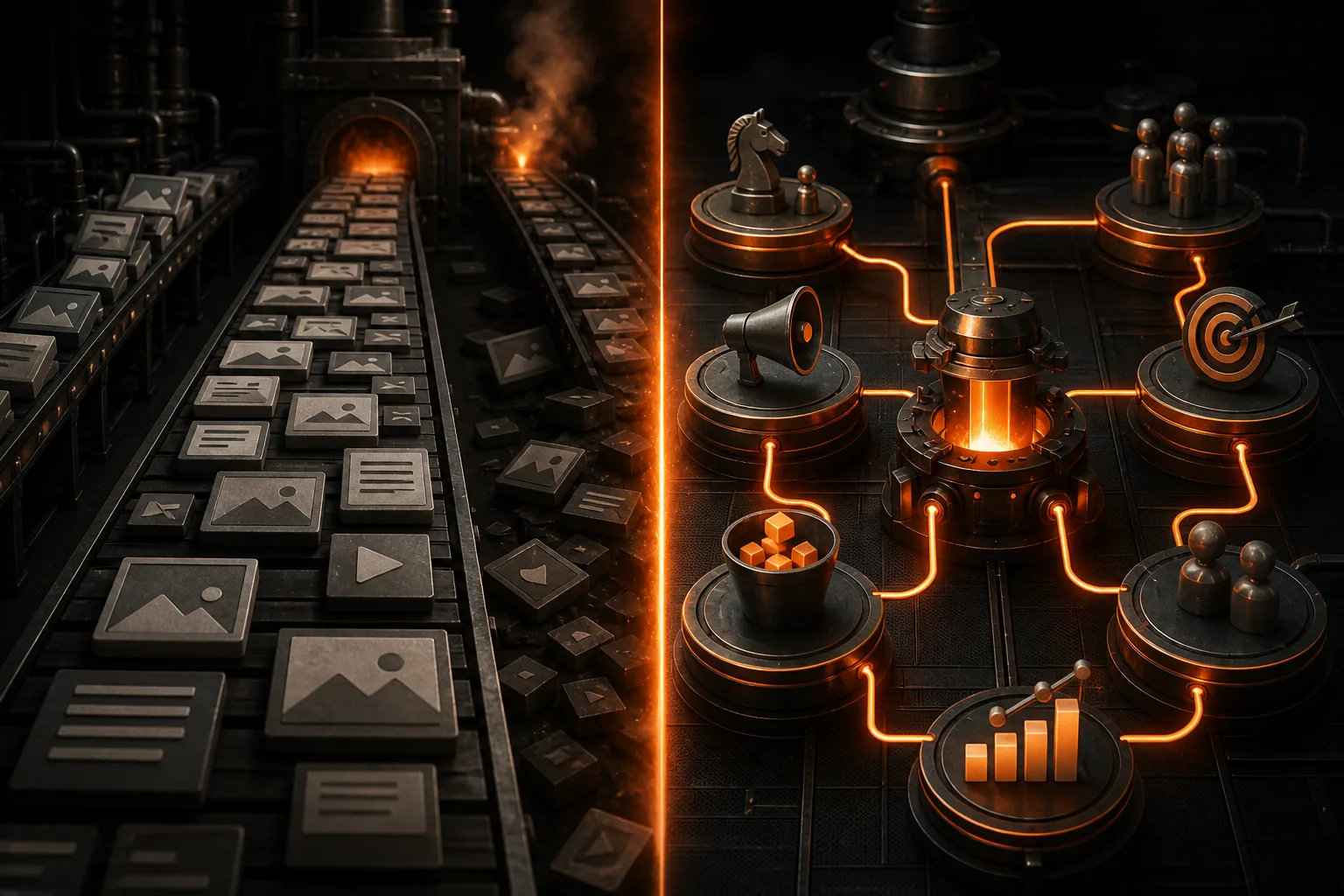 Generic content tiles on a conveyor contrasted with a connected AI marketing agency growth system.