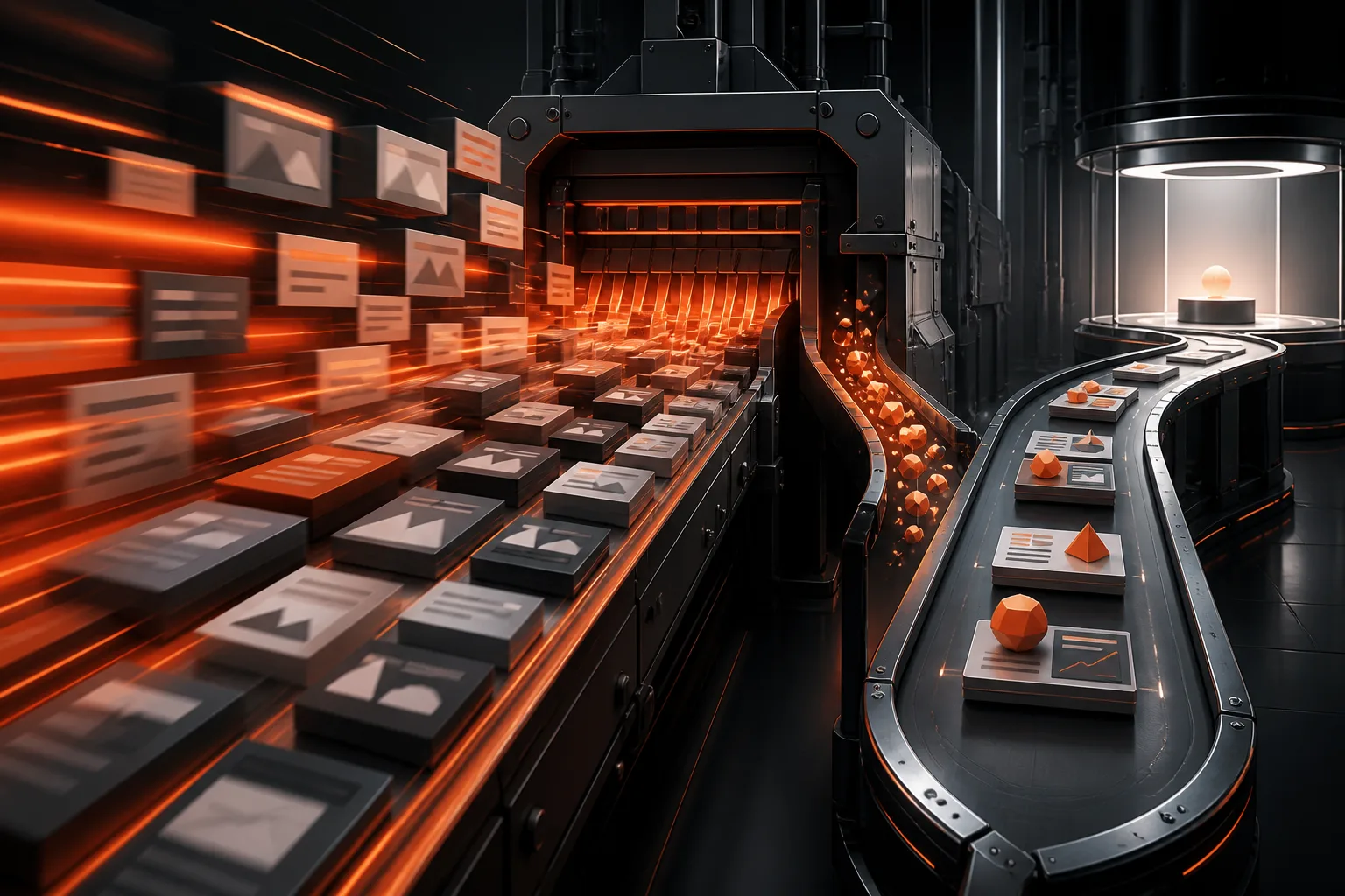 A high-speed AI content line contrasted with a controlled path towards testing, proof and better outcomes.