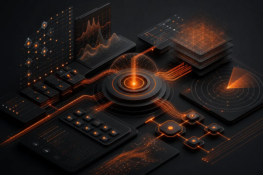 Abstract always-on AI operator dashboard with live signal streams
